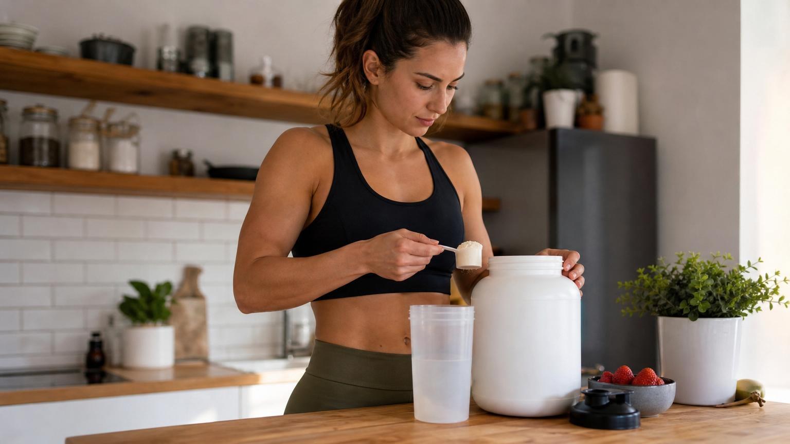 Woman in athletic wear scooping white protein powder from a large tub into a shaker bottle in a modern kitchen.
