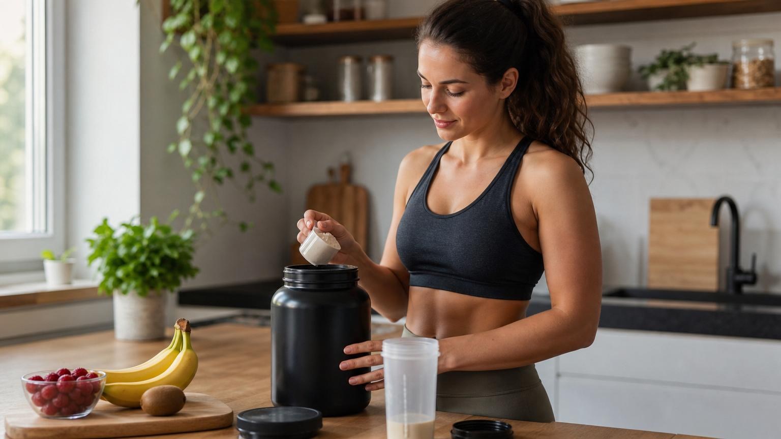 Woman in athletic wear scooping white protein powder from a large black tub into a shaker bottle in a bright, modern kitchen.