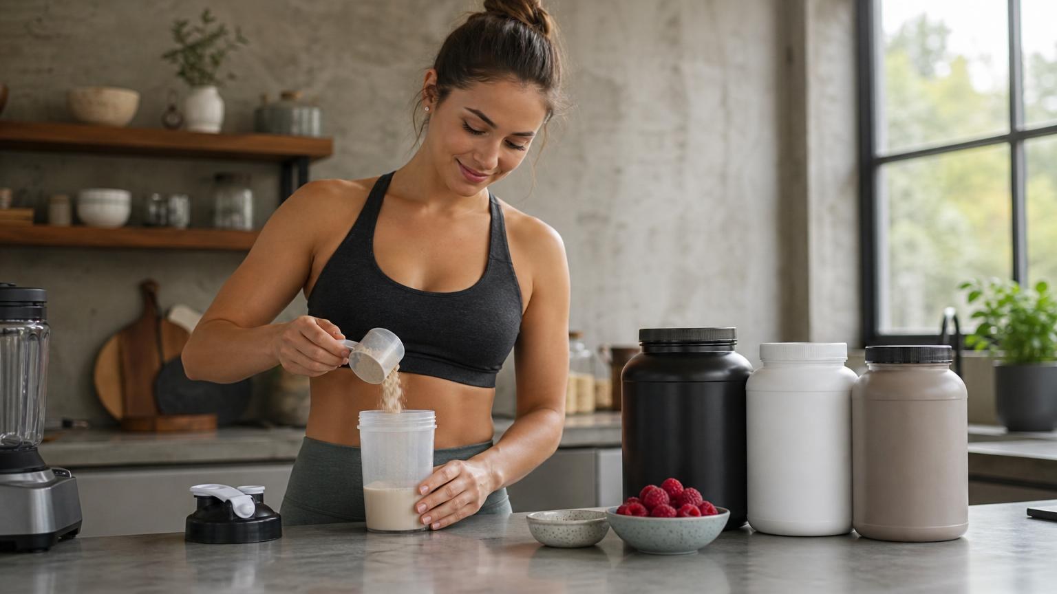 Smiling woman in athletic wear scooping protein powder into a shaker bottle next to large supplement tubs and fresh raspberries in a modern kitchen.