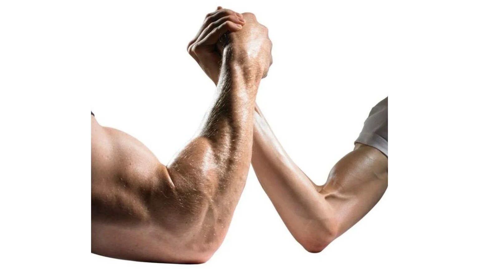Two arms clasped in an arm-wrestling grip against a white background: a heavily muscled arm on the left against a noticeably slimmer one on the right.